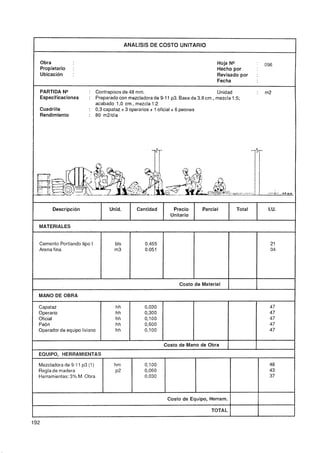 ANALISIS DE COSTO UNITARIO


         Obra                                                                         Hoja NQ              096
         Propietario   :                                                              Hecho por
         Ubicación     :                                                              Revisado por     :
                                                                                      Fecha

     PARTIDA N"             : Contrapisos de 48 mm.                                  Unidad            :   m2
     Especificaciones       : Preparado con mezcladora de 9-1 1 p3. Base de 3.8 cm., mezcla 1 :5;
                              acabado 1.O cm., mezcla 1:2
     Cuadrilla              : 0.3 capataz + 3 operarios + 1 oficial + 6 peones
     Rendimiento            : 80 m2ldía




              Descripción            Unid.       Cantidad         Precio       Parcial         Total        I.U.
                                                                 Unitario

     MATERIALES


     Cemento Portlando tipo I          bls           0.455                                                   21
     Arena fina                        m3            0.05 1                                                  04




                                                                     Costo de Material

1    MANO DEOBRA

     Capataz                            hh           0.030
     Operario                           hh           0,300
     Oficial                            hh           O,? O0
     Peón                               hh           0,600
     Operador de equipo liviano         hh           0,100




     EQUIPO, HERRAMIENTAS

     Mezcladora de 9-1 1 p3 (1)        hm            O, 1O0                                                 48
     Regla de madera                   ~2            0,060                                                  43
     Herramientas: 3% M. Obra                        0,030                                                  37



                                                               Costo de Equipo, Herram.

                                                                                   TOTAL

    92
 