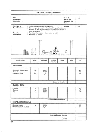 ANALISIS DE COSTO UNITARIO


Obra                                                                          Hoja N"                    098
Propietario    :                                                              Hecho por
Ubicación      :                                                              Revisado por           :
                                                                              Fecha

PARTIDA N"            : Piso de loseta veneciana de 30 x 30 cm.                 Unidad
Especificaciones      : Base de 1 pulg. mezcla 1:4; incluye la fragua, habitaciones
                                  O
                                  ,
                        mayores de 2 , m2,18 tandas de mezcla del volumen de 1
                                     0O
                        bolsa de cemento.
Cuadrilla             : Asentado = 0,l capataz + 1 operario + 0,5 peón
Rendimiento           : Asentado: 12 m2fdía




      Descripción             Unid.       Cantidad        Precio       Parcial           Total            I.U.
                                                         Unitario

MATERIALES


Cemento Portland tipo I
Arena fina
Loseta 30x30 cm.




                                                             Costo de Material     1
MANO DE OBRA




                                                      Costo de Mano de Obra        1             1
EQUIPO, HERRAMIENTAS

Regla de madera                  ~2           0,055
Herramientas: 3 h M. Obra
               0                               0,03




                                                        Costo de Equipo, Herram.                     1
                                                                           TOTAL
                                                                                                     I
 