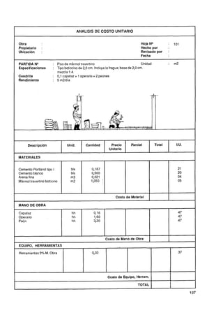 ANALlSlS DE COSTO UNITARIO                                             1
Obra                                                                            Hoja N"            :   101
Propietario     :                                                               Hecho por
Ubicación       :                                                               Revisado por       :
                                                                                Fecha

PARTIDA NQ             : Piso de mármol travertino                                Unidad
Especificaciones       : Tipo boticcino de 2,Ocm. Incluye la fragua; base de 2,Ocm.
                         mezcla 1 :4.
Cuadrilla              : 0 l capataz + 1 operario + 2 peones
                          ,
Rendimiento            : 5mZdía




      Descripción               Unid.       Cantidad        Precio        Parcial          Total        I.U.
                                                           Unitario

MATERIALES


Cemento Portland tipo I           bls          0,187
Cemento blanco                    bls          0,500
Arena fina                        m3           0,021
Mármol travertino botticino       m2           1,050



                                                                Costo de Material

MANO DE OBRA

Capataz                            hh            0,16                                                    47
Operario                           hh            16
                                                  ,0                                                     47
Peón                               hh            3,20                                                    47




                                                         Costo de Mano de Obra
EQUIPO, HERRAMIENTAS

Herramientas3% M. Obra                          O 03
                                                 ,




                                                          Costo de Equipo, Herram.

                                                                              TOTAL
 