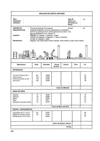 ANALlSlS DE COSTO UNITARIO


Obra                                                                            Hoja N*               104
Propietario    :                                                                Hecho por
Ublcacidn      :                                                                Revisado por      :
                                                                                Fecha

PARIDA W              : Piso de concreto de 4" sin colorear                      Unidad           :   m2
Especificaciones      : Acabado frotachado, sin bruña, preparado con mezcladora
                        de 9-1 p3, paños de 4 x 6 = 24 m2, base de 9 cm. de f'c = 140
                              1
                          Kg1cm2; acabado de 1 cm. mezcla 1:2.
Cuadrilla             : Reglado: 0 capataz + 1 operario + 1 peón
                                  ,
                                  l
                        Vaciado: 0,3capataz + 3 operarios + 1 oficial + 6 peones
                        Curado: O1 capataz + 1 peón
                                 ,
Rendimlento           : Reglado: 7 , madia (30,O
                                  0O              mlldia). Vaciado: 1 5 O mUdía. Curado: 200,O m2ldia
                                                                       0,




      Descripción               Unid.       Cantidad        Precio        Parcial         Total         I.U.
                                                           Unitario

MATERIALES


Cemento Portland tipo I
Arena gruesa
Piedra chancada de 314"
Arena fina



                                                                 Costo de Materlal    1
                                                                                      1           I


MANO DE OBRA

Capataz                            hh           0,038                                                    47
Operario                           hh           0,343                                                    47
Oficial                            hh           0,076                                                    47
Peón                               hh           0,611                                                    47
Operador de equipos liviano        hh           0,076                                                    47

                                                        Costo de Mano de Obra
EQUIPO, HERRAMIENTAS

mezcladora de 9-11 p (1 )
                    3             hm            0,076                                                    48
Reglas de madera y encof.         ~2            0,138                                                    43
Herramientas. 3% M. Obra                        0,030                                                    37



                                                          Costo de Equipo, Herram.

                                                                              TOTAL
 