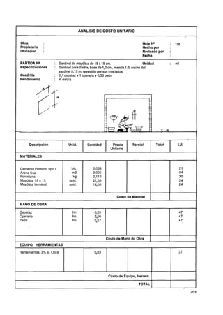 ANALlSlS DE COSTO UNITARIO


    Obra                                                                        Hoja NQ                 :   105
    Propietario   :                                                             Hecho por
    Ubicación     :                                                             Revisado por            :
                                                                                Fecha

    PARTIDA N*           : Sardinel de mayólica de 15 x 15 cm.                    Unidad            :       ml
    Especificaciones     : Sardinel para ducha, base de 1O cm, mezcla 1:3, ancho del
                                                           ,
                           sardinel 0,15 m, revestido por sus tres lados.
    Cuadrilla            : 0,l capataz + 1 operario + 0,33 peón
    Rendimiento          : 4 ml/día




      .   Descripción            Unid.          Cantidad      Precio      Parcial           Total            I.U.
                                                             Unitario

    MATERIALES


    Cemento Portland tipo I        bls.
    Arena fina                     m3
    Porcelana                       kg
    Mayólica 15 x 15              unid.
    Mayólica terminal             unid.


                                                                Costo de Material      1I           I
    .MANO DE OBRA

    Capataz                         hh              0,20                                                     47
    Operario                        hh              2O
                                                     ,O                                                      47
    Peón                            hh              467                                                      47




                                                           Costo de Mano de Obra


    Herramientas: 3% M. Obra                        403




I                                           -
                                                            Costo de Equipo, Herram.
                                                                                    l
7-                                                                            TOTAL 1
 