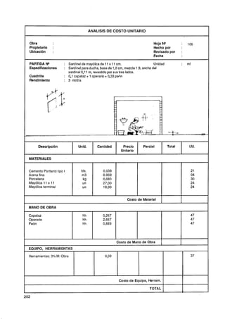 1                                           ANALlSlS DE COSTO UNITARIO

    Obra                                                                           Hoja N"            :       106
    Propietario    :                                                               Hecho por
    Ubicación      :                                                               Revisado por       :
                                                                                   Fecha

    PARTIDA N  9          : Sardinel de mayólica de 1 1 x 1 1 cm.                    Unidad           :       ml
    Especificaciones      : Sardinel para ducha, base de 1 O cm, mezcla 1 :3, ancho del
                                                            ,
                            sardinel 0,ll m, revestido por sus tres lados.
    Cuadrilla             : 0 l capataz + 1 operario + 0,33 perín
                             ,
    Rendimiento           : 3 mlldía




          Descripción              Unid.        Cantidad       Precio        Parcial          Total            I.U.
                                                              Unitario

    MATERIALES


    Cemento Portland tipo I          bls.
    Arena fina                       m3
    Porcelana                         k3
                                       !
    Mayólica 1 1 x 1 1                un
    Mayólica terminal                 un


                                                                  Costo de Material      1            1
1   MANO DE OBRA

    Capataz                          hh            0,267                                                       47
    Operario                         hh            2,667                                                       47
    Peón                             hh            0,889                                                       47



                                                           Costo de Mano de Obra
    EQUIPO, HERRAMIENTAS

    Herramientas:3% M. Obra                         0,03                                                        37




'                                                                                                         4

                                                             Costo de Equipo, Herram.

                                                                                 TOTAL
                                                                                                          b
 