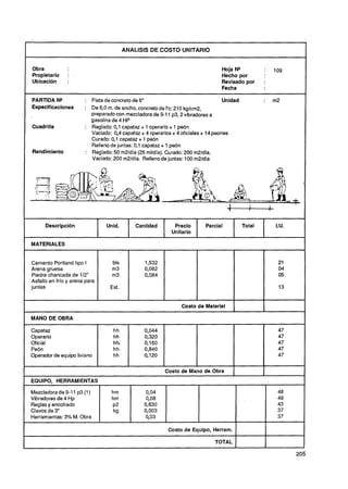 ANALISIS DE COSTO UNITARIO


 Obra                                                                             Hoja N2           1 0 9
 Propietario    :                                                                 Hecho por
 Ubicación      :                                                                 Revisado por      :
                                                                                  Fecha

 PARTIDA N*            : Pista de concreto de 6"                                 Unidad             :   m2
 Especificaciones      : De 6O m. de ancho, concreto de f'c: 210 kglcm2,
                             ,
                         preparado con mezcladora de 9-11 p3,2 vibradores a
                          gasolina de 4 HP
 Cuadrilla             : Reglado: 0,l capataz + 1 operario + 1 peón
                         Vaciado: 0,4 capataz + 4 operarios + 4 oficiales + 14 peones
                         Curado: 0,l capataz + 1 peón
                         Relleno de juntas: 0,l capataz + 1 peón
 Rendimiento           : Reglado: 50 m2ldía (25 mVdía). Curado: 200 m2ldía.
                         Vaciado: 200 m2ldia. Relleno de juntas: 100 m2ldía




      Descripción               Unid.        Cantidad        Precio        Parcial          Total       I.U.
                                                            Unitario

MATERIALES

I
Cemento Portland tipo I bls 1,532
Arena gruesa                      m3            0,082
Piedra chancada de 112"           m3            0,084
Asfalto en frío y arena para
juntas                           Est.


                                                                Costo de Material
-     -



MANO DE OBRA

Capataz
Operario
Oficial
Peón
Operador de equipo liviano

                                                         Costo de Mano de Obra
-


EQUIPO, HERRAMIENTAS

Mezcladorade 9-1 1 p3 (1 )        hm             0,04                                                    48
Vibradores de 4 Hp                hm             0,08                                                    49
Reglas y encofrado                ~2            0,630                                                    43
Clavos de 3"                      kg            0,003                                                    37
Herramientas: 3% M. Obra                         O, 03                                                   37

                                                                                        1
                                                                                                    I

                                                          Costo de Equipo, Herram.

                                                                               TOTAL                1
 
