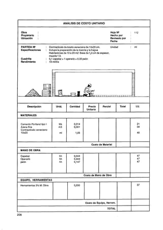 I                                         ANALlSlS DE COSTO UNITARIO


    Obra                                                                           Hoja No          :   112
    Propietario   :                                                                Hecho por
    Ubicación     :                                                                Revisado por     :
                                                                                   Fecha

    PARTIDA NQ           : Contrazócalo de loseta veneciana de 10x20 cm.           Unidad           :   ml
    Especificaciones     : Incluye la preparación de la mezcla y la fragua
                           Habitaciones de 10 a 20 m2 Base de 1 cm de espesor,
                                                                O
                                                                ,
                           mezcla 1:3.
    Cuadrilla            : 0,l capataz + 1 operario + 0.33 peón
    Rendimiento          : .18ml/dia




         Descripcidn              Unid.       Cantidad        Precio         Parcial        Total        I.U.
                                                             Unitario

    MATERIALES


    Cemento Portland tipo 1         bls           0,014                                                   21
    Arena fina                      m3            0,001                                                   04
    Contrazócalo veneciano
    10x20                            ml            1, 5
                                                    O                                                     40



                                                                  Costo de Material

    MANO DE OBRA

    Capataz                          hh           0,044                                                   47
    Operario                         hh           0,444                                                   47
    peón                             hh           0,147                                                   47




                                                           Costo de Mano de Obra
    EQUIPO, HERRAMIENTAS

    Herramientas 3% M. Obra                       0,030                                                   37




                                                            Costo de Equipo, Herram.

                                                                                TOTAL

208
 