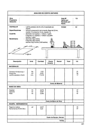 ANALISIS DE COSTO UNITARIO


Obra                                                                              Hoja NQ             :   125
Propietario    :                                                                  Hecho por
Ubicaci6n      :                                                                  Revisado por        :
                                                                                  Fecha

PARIDA N*              : Ladrillo pastelero de 24 x 24 x 3 asentado con           Unidad              :   m2
                        mezcla
Especificaciones      : Incluye la preparación de la mezcla. Base de 2,5cm,
                        mezcla 1 :5; juntas de 1 5cm, mezcla 1 : .
                                                ,                5
Cuadrilla             : Asentado: 0 2 capataz + 1 oficial + 1 peón
                                     .
                        Fraguado: 0 l capataz + 1 oficial + 0 5 pe6n
                                     ,                       ,
                        Acarreo: 1 peón
Rendimiento           : Asentado: 3 , m21día
                                    0O
                        Fraguado: 40,Om2fdía
                        Acarreo: 65,O m2ldía ( 000 ladldía)
                                               1

                           L/       0.24       u




      Descripción               1    Unid.         Cantidad      Precio     Parcial           Total       I.U.
                                                                Unitario

MATERIALES


Cemento Portland tipo I                bls
Arena fina                             m3
Ladrillo pastelero 24x24              pza,




                                                                   Costo de Material      1
                                                                                          1
                                                                                                      1
                                                                                                      1


MANO DE OBRA

Capataz
Operario
Peón




                                                              Costo de Mano de Obra                   1
EQUIPO. HERRAMIENTAS

Regla de madera                        ~2             0,007                                                43
Herramientas 3% M. Obra                               0,03                                                 37




                                                               Costo de Equipo, Herram.

                                                                                TOTAL

                                                                                                                 221
 