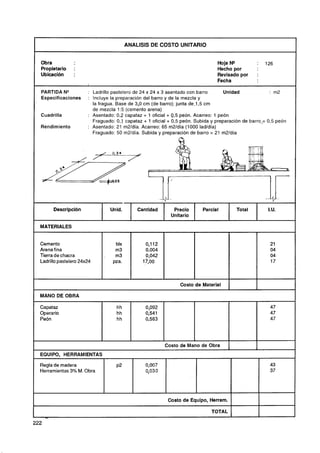 ANALlSlS DE COSTO UNITARIO


Obra                                                                                 Hoja NQ                 :   126
Propietario    :                                                                     Hecho por
Ubicación      :                                                                     Revisado por            :
                                                                                     Fecha

PARTIDA N"            : Ladrillo pastelero de 24 x 24 x 3 asentado co'n barro      Unidad              : m2
Especificaciones      : Incluye la preparación del barro y de la mezcla y
                        la fragua. Base de 3.0 cm (de barro); junta de ,1,5 cm
                        de mezcla 1:5 (cemento arena)
Cuadrilla             : Asentado: O,? capataz + 1 oficial + 9,5 peón. Acarreo: 1 peón
                        Fraguado: 0,1 capataz + 1 oficial + 0,5 peón. Subida y preparación de barro,= 0,5 peón
Rendimiento           : Asentado: 21 m2ldía. Acarreo: 65 m2/día (1000 ladldía)
                        Fraguado: 50 m2ldía. Subida y preparación de barro = 21 m2Idía



                           J    0,24        N




                                                          .   .
      Descripci6n              Unid.        Cantidad                Precio     Parcial           Total            I.U.
                                                                   Unitario

MATERIALES


Cemento                           bls             0,112
Arena fina                        m3              0,004
Tierra de chacra                  m3              0,042
Ladrillo pastelero 24x24         pza.           l7,00




                                                                                             I           I

MANO DE OBRA

Capataz                           hh             0,092                                                             47
Operario                          hh             0,541                                                             47
Peón                              hh             0,583                                                             47




                                                              Costo de Mano de Obra
EQUIPO, HERRAMIENTAS

Regla de madera                   ~2             0,007                                                             43
Herramientas 3% M. Obra                          0,03 O                                                            37




                                                                  Costo de Equipo, Herram.

                                                                                   TOTAL
  .
 