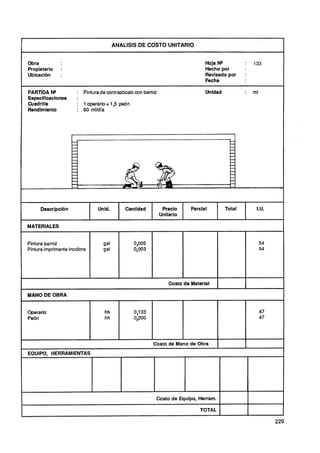 ANALISIS DE COSTO UNITARIO


Obra                                                                            Hoja NQ          :   133
Propietario    :                                                                Hecho por
Ubicación      :                                                                Revisado por     :
                                                                                Fecha

PARIDA NQ             : Pintura de contrazbcalo con barniz                      Unidad           :   ml
Especificaciones      :
Wadrilla              : 1 operario + 1,5 peón
Rendimiento           : 60 ml/dia




      Descripcldn              Unid.       Cantidad           Precio      Parcial        Total        I.U.
                                                             Unitario

MATERIALES


Pintura barniz                   gal            0,005
Pintura imprimante incolora      gal            0,003




                                                                 Costo de Material

MANO DE OBRA


Operario                          hh            0,133                                                     47
Peón                              hh            0,200                                                     47




                                                        Costo de Mano de Obra
EQUIPO, HERRAMIENTAS




                                                         Costo de Equipo, Herram.

                                                                              TOTAL
 