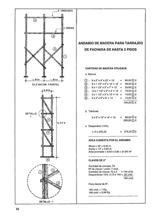 2 UNIDADES
                        -1




                                          ANDAMIO DE MADERA PARA TARRAJEO
                                             DE FACHADA DE HASTA 2 PISOS




                                             CANTIDAD DE MADERA UTILIZADA

                                             a. Marcos

    I,BOm.          l . 80 m .
               1                 1

    ELEVACION FRONTAL




                                             b. Tablones
DETALLE
   1


                                             c. Desperdicio ( 0%)
                                                             1

                                                  1,l O x 250,20           = 275,20@2


                                               AREA CUBIERTA POR EL ANDAMIO

                                               Altura = 20'= 6,00m.
                                               Ancho = 12'= 3,60m.
                                               Area promedio = 6,00x 3,60= 21,60m2


                                               CLAVOS DE 3'

                                               Cantidad de uniones: 72
                                               NQde clavos / unió'n: 7 unid.
                                               Cantidad de clavos: 72 x 2    = 144 unid.
                                               Desperdicios 15%: 0,15x 144 = 22 unid.
                                                                               166 unid.

                                                Para clavos de 3'.

                                                180 unid. = 1 Kg.
                                                166 unid. = 0,96Kg.


                    -
             DETALLE 1
 