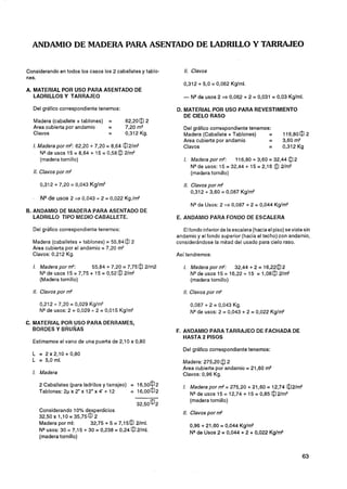 ANDAMIO DE MADERA PARA ASENTADO DE LADRILLO Y TARRAJEO


Considerando en todos los casos los 2 caballetes y tablo-      1. Clavos
                                                                1
nes.

  MATERIAL POR USO PARA ASENTADO DE
  LADRILLOS Y TARRAJEO                                         - NQde usos 2 =, 0,062 t 2 = 0,031 = 0,03 Kg/ml.
  Del gráfico correspondiente tenemos:                      D. MATERIAL POR USO PARA REVESTIMIENTO
                                                               DE CIELO RASO
  Madera (caballete + tablones)    =             0
                                           62,20 2
  Area cubierta por andamio        =       7,20 m2             Del gráfico correspondiente tenemos:
  Clavos                           =       0,312 Kg.           Madera (Caballete + Tablones)      =           116,80 20
                                                               Area cubierta por andamio          =           3,60 m2
  l. Madera por m? 62,20 c 7,20 = 8,64 @2/m2                   Clavos                             =           0,312Kg
                                       0
      NQ de usos 15 = 8,64 t 15 = 0,58 2/m2
      (madera tornillo)                                        l Madera por d
                                                                .                : 116,8O i- 3,6O = 32,44 @ 2
                                                                  N V e usos: 15 = 32,44 t 15 = 2,16      0
                                                                                                       2/m2
  1. Clavos por m'
   1                                                              (madera tornillo)




                                                                                  -
                                                               1. Clavos por d
                                                                1
                                                                  0,312 t 3,60 = 0,087 Kg/m2

                                                                  N* de Usos: 2       0,087 t 2 = 0,044 Kg/m2
  ANDAMIO DE MADERA PARA ASENTADO DE
  LADRILLO TIPO MEDIO CABALLETE.                            E. ANDAMIO PARA FONDO DE ESCALERA

  Del gráfico correspondiente tenemos:                         El fondo inferior de la escalera (hacia el piso) seviste sin
                                                            andamio y el fondo superior (hacia el techo) con andamio,
  Madera (caballetes + tablones) = 55,84¡$ 2                considerándose la mitad del usado para cielo raso.
  Area cubierta por el andamio = 7,20 m2
  Clavos: 0 , 2 1 2 . ~ ~ .                                 Así tendremos:

  l Madera por d
   .                :     55,84 + 7,20 = 7,75    0 2/m2        l Madera por d
                                                                .                : 32,44 t 2 = 16,22412
     NQde usos 15 = 7,75 + 15 = 0,52 l$ 2/m2                      N q e usos l 5 = l6,22+ 15 = l,08@ 2 / d
     (Madera tornillo)                                            (madera tornillo)

  1. Clavos por d
   1                                                           1. Clavos por mZ
                                                                1

     0,212 + 7,20 = 0,029 Kg/m2                                   0,087 + 2 = 0,043 Kg.
     NQde usos: 2 = 0,029 i = 0,015 Kg/m2
                            2                                     NQde usos: 2 = 0,043 t 2 = 0,022 Kg/m2

C. MATERIAL POR USO PARA DERRAMES,
   BORDES Y BRUÑAS                                             ANDAMIO PARA TARRAJEO DE FACHADA DE
                                                               HASTA 2 PISOS
  Estimamos el vano de una puerta de 2,10 x 0,80
                                                               Del gráfico correspondiente tenemos:
  L = 2x2,10+0,80
  L = 5,O ml.                                                  Madera: 27520 2  lf3
                                                               Area cubierta por andamio = 21,60 m2
  l Madera
   .                                                           Clavos: 0,96 Kg.
     2 Caballetes (para ladrillos y tarrajeo) = 16,5002           Madera por d = 275,20 + 21,60 = l2,74 @2/m2
     Tablones: 2p x 2" x 12" x 4' t 12        = 16,0002           NQde usos 15 = l2,74 t 15 = 0,85 0 2 / m 2
                                                                  (madera tornillo)
                                                 32,50@2
     Considerando 10% desperdicios                                Clavos por m2
     32,50 x 1,l O = 35,75l$ 2
     Madera por ml:        32,75 + 5 = 7 , 1 5 0 2lml.            0,96 t 21,60 = 0,044 Kg/m2
                                             0
     NQUSOS: 30 = 7,15 t 30 = 0,238 = 0,24 Uml.                   N* de Usos 2 = 0,044 + 2 + 0,022 K q / d
     (madera tornillo)
 