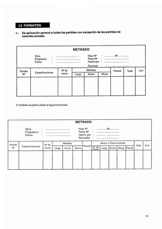1.-    De aplicación general a todas las partidas con excepción de las partidas de
            concreto armado.



                                                                       METRADO
                        Obra               ..............................            Hoja NQ :           ............ de .............
                        Propietario        :    ..............................       Plano NQ :          ..............................
                        Fecha              ...............................           Hecho por :         ..............................
                                                                                     Revisado       :    ..............................
           Partida                                     NQ de                        Medidas                           Parcial       Total          Und
                        Especificaciones               veces
            N*                                                         Largo         Ancho          Altura




      O también se podría utilizar el siguiente formato:




                                                                        METRADO

               Obra            ....................................         Hoja N"           .............. de .............
               Propietario     : ...................................        Plano N "         .................................
               Fecha           ....................................         Hecho por :       .................................
                                                                            Revisado :        .................................
                                                                                                                                            1           1
                                                         Medidas                                   Vanos o Disminuciones
Partida                           NQde                                                                                                          Total       Und
            Especificaciones                                                     Parcial
  N"                              veces                    Ancho       Altura                 de    Largo Ancho Altura Parcial
                                               Largo                                       Veces
 