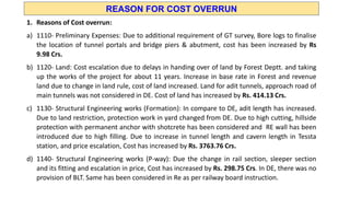 1. Reasons of Cost overrun:
a) 1110- Preliminary Expenses: Due to additional requirement of GT survey, Bore logs to finalise
the location of tunnel portals and bridge piers & abutment, cost has been increased by Rs
9.98 Crs.
b) 1120- Land: Cost escalation due to delays in handing over of land by Forest Deptt. and taking
up the works of the project for about 11 years. Increase in base rate in Forest and revenue
land due to change in land rule, cost of land increased. Land for adit tunnels, approach road of
main tunnels was not considered in DE. Cost of land has increased by Rs. 414.13 Crs.
c) 1130- Structural Engineering works (Formation): In compare to DE, adit length has increased.
Due to land restriction, protection work in yard changed from DE. Due to high cutting, hillside
protection with permanent anchor with shotcrete has been considered and RE wall has been
introduced due to high filling. Due to increase in tunnel length and cavern length in Tessta
station, and price escalation, Cost has increased by Rs. 3763.76 Crs.
d) 1140- Structural Engineering works (P-way): Due the change in rail section, sleeper section
and its fitting and escalation in price, Cost has increased by Rs. 298.75 Crs. In DE, there was no
provision of BLT. Same has been considered in Re as per railway board instruction.
REASON FOR COST OVERRUN
 