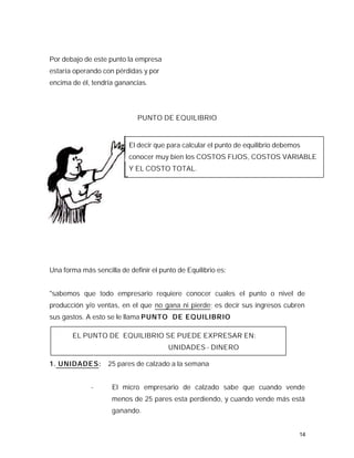 Por debajo de este punto la empresa
estaría operando con pérdidas y por
encima de él, tendría ganancias.




                             PUNTO DE EQUILIBRIO


                          El decir que para calcular el punto de equilibrio debemos
                          conocer muy bien los COSTOS FIJOS, COSTOS VARIABLE
                          Y EL COSTO TOTAL.




Una forma más sencilla de definir el punto de Equilibrio es:


"sabemos que todo empresario requiere conocer cuales el punto o nivel de
producción y/o ventas, en el que no gana ni pierde; es decir sus ingresos cubren
sus gastos. A esto se le llama PUNTO DE EQUILIBRIO

       EL PUNTO DE EQUILIBRIO SE PUEDE EXPRESAR EN:
                                        UNIDADES - DINERO

1. UNIDADES:       25 pares de calzado a la semana


              -      El micro empresario de calzado sabe que cuando vende
                     menos de 25 pares esta perdiendo, y cuando vende más está
                     ganando.


                                                                                  14
 