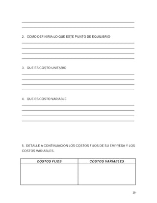 _________________________________________________________________________
_________________________________________________________________________


2. COMO DEFINIRIA LO QUE ESTE PUNTO DE EQUILIBRIO
_________________________________________________________________________
_________________________________________________________________________
_________________________________________________________________________
_________________________________________________________________________


3. QUE ES COSTO UNITARIO
_________________________________________________________________________
_________________________________________________________________________
_________________________________________________________________________
_________________________________________________________________________


4. QUE ES COSTO VARIABLE
_________________________________________________________________________
_________________________________________________________________________
_________________________________________________________________________
_________________________________________________________________________




5. DETALLE A CONTINUACIÓN LOS COSTOS FIJOS DE SU EMPRESA Y LOS
COSTOS VARIABLES.


         COSTOS FIJOS                      COSTOS VARIABLES




                                                                        29
 