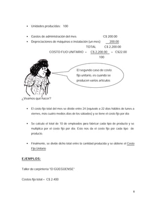 •   Unidades producidas: 100


   •   Gastos de administración del mes                           C$ 200.00
   •   Depreciaciones de máquinas e instalación (un mes)               200.00
                                                    TOTAL           C$ 2,200.00
                       COSTO FIJO UNITARIO =           C$ 2,200.00        = C$22.00
                                                              100



                                            El segundo caso de costo
                                            fijo unitario, es cuando se
                                            producen varios artículos




¿Veamos qué hacer?


   •   El costo fijo total del mes se divide entre 24 (equivale a 22 días hábiles de lunes a
       viernes, más cuatro medios días de los sábados) y se tiene el costo fijo por día


   •   Se calcula el total de 10 de empleados para fabricar cada tipo de producto y se
       multiplica por el costo fijo por día. Esto nos da el costo fijo por cada tipo de
       producto.


   •   Finalmente, se divide dicho total entre la cantidad producida y se obtiene el Costo
       Fijo Unitario


EJEMPLOS:


Taller de carpintería "El GÜEGÜENSE"


Costos fijo total = C$ 2.400


                                                                                           8
 