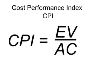 CPI =
EV
AC
Cost Performance Index
(CPI)CPI
 