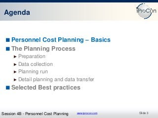 www.iprocon.com
Agenda
■ Personnel Cost Planning – Basics
■ The Planning Process
► Preparation
► Data collection
► Planning run
► Detail planning and data transfer
■ Selected Best practices
Slide 3Session 4B - Personnel Cost Planning
 