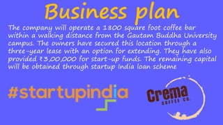 Business plan
The company will operate a 1800 square foot coffee bar
within a walking distance from the Gautam Buddha University
campus. The owners have secured this location through a
three-year lease with an option for extending. They have also
provided ₹3,00,000 for start-up funds. The remaining capital
will be obtained through startup India loan scheme
 