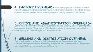 4. FACTORY OVERHEAD-This is the aggregate of indirect material,
indirect wages and indirect expenses incurred in the factory. Examples of indirect factory
expenses are rent, power, depreciation lighting and heating incurred in the factory.
5. OFFICE AND ADMINISTRATION OVERHEAD-
All the indirect administration expenses, come under this category. Salaries of office staff,
accountants, directors’ fees, rent of office building, stationery expenses incurred in the
office lighting and bank charges, etc., are the examples.
6. SELLING AND DISTRIBUTION OVERHEAD-
This includes indirect selling and distribution expenses. Examples are salaries of
salesmen, selling commission, advertising, warehouse rent, maintenance of delivery vans,
warehouse staff expenses, warehouse lighting, etc.
 