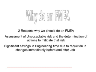 FICCI CE
2 Reasons why we should do an FMEA
Assessment of Unacceptable risk and the determination of
actions to mitigate t...