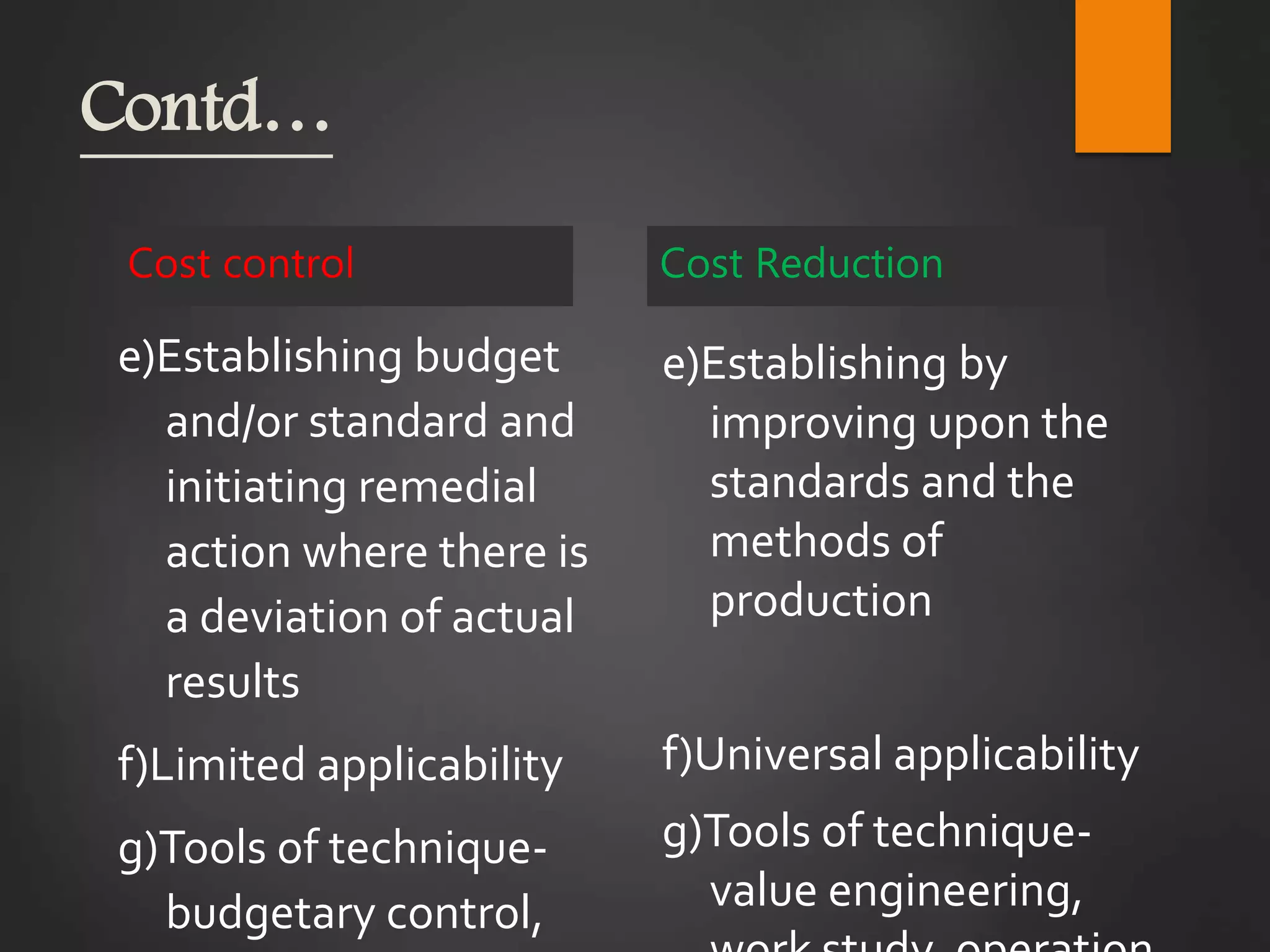 Contd…
Cost control
e)Establishing budget
and/or standard and
initiating remedial
action where there is
a deviation of actual
results
f)Limited applicability
g)Tools of technique-
budgetary control,
Cost Reduction
e)Establishing by
improving upon the
standards and the
methods of
production
f)Universal applicability
g)Tools of technique-
value engineering,
 