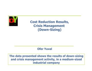 Cost Reduction Results,
                Crisis Management
                   (Down-Sizing)




                   Ofer Yuval

The data presented shows the results of down-sizing
 and crisis management activity, in a medium-sized
                industrial company
 