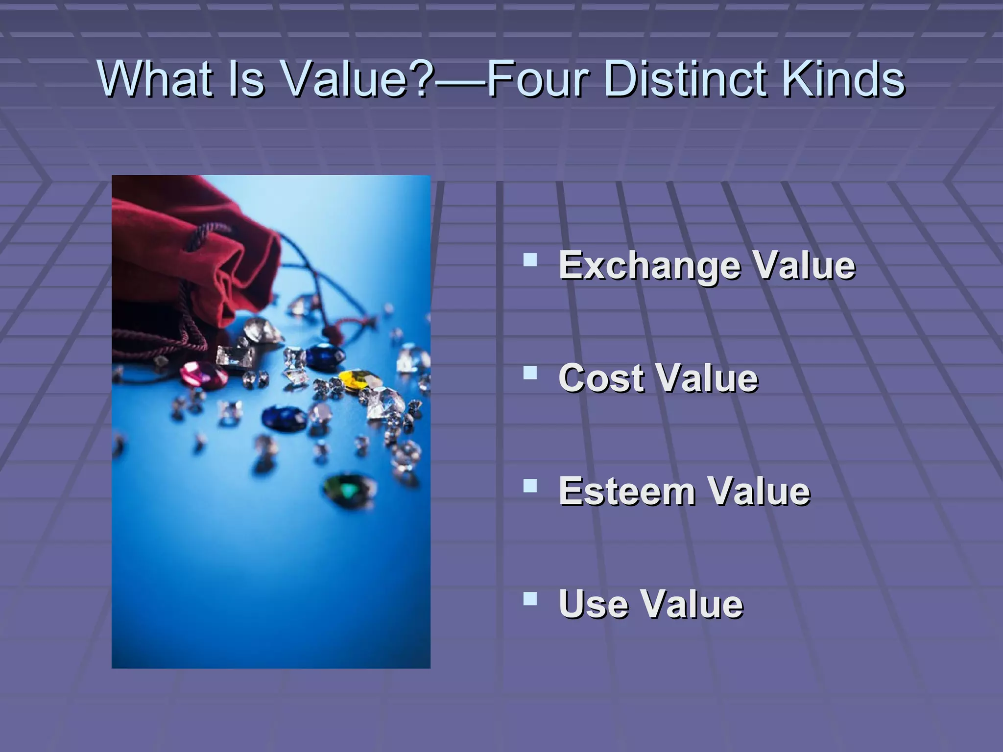 What Is Value?—Four Distinct Kinds

 Exchange Value
 Cost Value
 Esteem Value
 Use Value

 