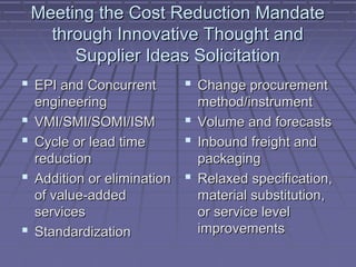 Meeting the Cost Reduction Mandate
through Innovative Thought and
Supplier Ideas Solicitation
 EPI and Concurrent





 Change procurement

engineering
method/instrument
 Volume and forecasts
VMI/SMI/SOMI/ISM
 Inbound freight and
Cycle or lead time
reduction
packaging
Addition or elimination  Relaxed specification,
of value-added
material substitution,
services
or service level
improvements
Standardization

 