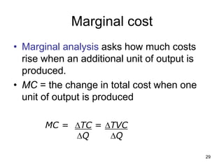 29
Marginal cost
• Marginal analysis asks how much costs
rise when an additional unit of output is
produced.
• MC = the change in total cost when one
unit of output is produced
MC = TC = TVC
QQ
 