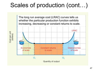 47
Scales of production (cont…)
The long run average cost (LRAC) curves tells us
whether the particular production function exhibits
increasing, decreasing or constant returns to scale.
 
