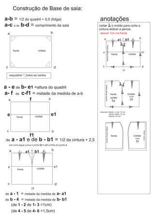 Construção de Base de saia:
a b
c d
a-b = 1/2 do quadril + 0,5 (folga)
a-c e de b-d = comprimento da saia
esquadrar todos ao cantos
a - e de b- e1 =altura do quadril
a- f de c-f1 = metade da medida de a-b
a b
c d
e e1
f
f1
de a - a1 e de b - b1 = 1/2 da cintura + 2,5
a b
c d
e e1
f
f1
a1 b11 23 456
unir com regua curva o ponto b1 e a1 a linha do ponto e
de a - 1 = metade da medida de a- a1
de b - 4 = metade da medida de b- b1
(de 1 - 2 de 1- 3 =1cm)
(de 4 - 5 de 4- 6 =1,5cm)
cortarcortar o molde para corta a
cintura dobrar a pence.
anotações
descer 1cm na frente
frente
frente
frente costas
costas
costas
a b
c d
e e1
f
f1
a1 b11 23 456
frente costas
centrofrentedobra
frente costas
centrofrentedobra
frente costas
centrofrentedobra
2x
2x
1x
cortar
cortar
cortar
costuras= lateral e cós 1,0 cm
centro costa 1,5 cm
bainha 3,0 cm
centrocostas
 
