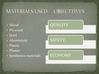  Wood
 Plywood
 Steel
 Aluminium
 Plastic
 Plaster
 Synthetics materials
B
QUALITY
SAFETY
ECONOMY
 