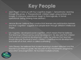    Jean Piaget: Came up with four cognitive stages: 1. Sensorimotor- learning
    through the senses. 2. Preoperational- children begin using symbols and
    images. 3. concrete operational- begin to think logically. 4. formal
    operational- being thinking more abstract.

   Jerome Bruner: believes that constructivist learners are participatory learners
    and that „cognition‟ suggests that people learn through different intellectual
    stages.

   Lev Vygotsky: developed social cognition, which means that he believes
    that learning is influenced by social development. He also said that children
    have a zone of proximal development. Lastly, he believes that teachers
    should discover the level of each children‟s cognitive/social development
    and build off of that, which is called scaffolding.

   John Dewey: He believed that student learning is student directed and the
    teacher is just there to guide. He was part of two movements: progressive
    education and pragmatism. He founded multiple schools.
 