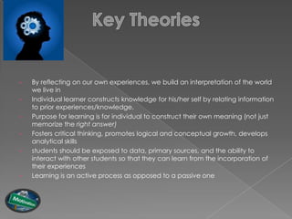 •   By reflecting on our own experiences, we build an interpretation of the world
    we live in
•   Individual learner constructs knowledge for his/her self by relating information
    to prior experiences/knowledge.
•   Purpose for learning is for individual to construct their own meaning (not just
    memorize the right answer)
•   Fosters critical thinking, promotes logical and conceptual growth, develops
    analytical skills
•   students should be exposed to data, primary sources, and the ability to
    interact with other students so that they can learn from the incorporation of
    their experiences
•   Learning is an active process as opposed to a passive one
 