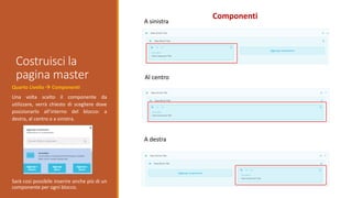 Costruisci la
pagina master
Componenti
Quarto Livello  Componenti
Una volta scelto il componente da
utilizzare, verrà chiesto di scegliere dove
posizionarlo all’interno del blocco: a
destra, al centro o a sinistra.
Sarà così possibile inserire anche più di un
componente per ogni blocco.
A sinistra
Al centro
A destra
 