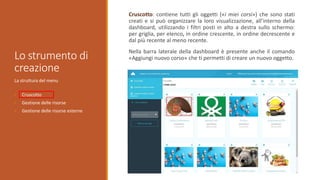 Lo strumento di
creazione
La struttura del menu
• Cruscotto
• Gestione delle risorse
• Gestione delle risorse esterne
Cruscotto: contiene tutti gli oggetti («i miei corsi») che sono stati
creati e si può organizzare la loro visualizzazione, all’interno della
dashboard, utilizzando i filtri posti in alto a destra sullo schermo:
per griglia, per elenco, in ordine crescente, in ordine decrescente e
dal più recente al meno recente.
Nella barra laterale della dashboard è presente anche il comando
«Aggiungi nuovo corso» che ti permetti di creare un nuovo oggetto.
 