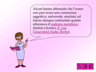 Alcuni hanno affermato che l’uomo
non può avere una conoscenza
oggettiva, universale, assoluta, ed
hanno dunque contrastato quanto
affermava il realismo metafisico
(Sofisti e Scettici, E. von
Glasersfeld, Kuhn, Rorty);
 