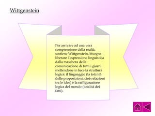 Per arrivare ad una vera
comprensione della realtà,
sostiene Wittgenstein, bisogna
liberare l’espressione linguistica
dalla maschera della
comunicazione di tutti i giorni
mettendone in luce la struttura
logica: il linguaggio (la totalità
delle proposizioni, cioè relazioni
tra le idee) è la raffigurazione
logica del mondo (totalità dei
fatti).
Wittgenstein
 