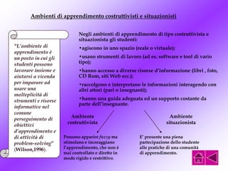Ambienti di apprendimento costruttivisti e situazionisti
“L’ambiente di
apprendimento è
un posto in cui gli
studenti possono
lavorare insieme e
aiutarsi a vicenda
per imparare ad
usare una
molteplicità di
strumenti e risorse
informative nel
comune
perseguimento di
obiettivi
d’apprendimento e
di attività di
problem-solving”
(Wilson,1996).
Negli ambienti di apprendimento di tipo costruttivista e
situazionista gli studenti:
•agiscono in uno spazio (reale o virtuale);
•usano strumenti di lavoro (ad es. software e tool di vario
tipo);
•hanno accesso a diverse risorse d’informazione (libri , foto,
CD Rom, siti Web ecc.);
•raccolgono e interpretano le informazioni interagendo con
altri attori (pari o insegnanti);
•hanno una guida adeguata ed un supporto costante da
parte dell’insegnante.
Ambiente
costruttivista
Possono apparire fuzzy ma
stimolano e incoraggiano
l’apprendimento, che non è
mai controllato e diretto in
modo rigido e restrittivo.
Ambiente
situazionista
E’ presente una piena
partecipazione dello studente
alle pratiche di una comunità
di apprendimento.
 