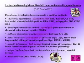Le funzioni tecnologiche utilizzabili in un ambiente di apprendimento
(D. P. Perkins 1991)
Un ambiente tecnologico d’apprendimento si qualifica mediante:
• le banche di informazioni - information bank (libri, dizionari, Cd-Rom,
banche dati telematiche bibliografiche: ISBN, ERIC, pedagogiche: BDP, CEDE
ecc.);
• i blocchi per la raccolta di simboli - symbol pads (bloc-notes cartacei ed
elettronici, editor testuali e grafici, DBMS);
• i software di simulazione ed i phenomenaria (software 3D o VR);
• i set di costruzione - construction kit (meccano, Lego, Logo, AmicoJunior,
Programmi di editing di vario tipo quali quelli per HTML o VRML);
• i compiti dei manager - task manager (registri, schede di valutazione, diari di
bordo, dossier anche su supporti software di tipo word processing);
• i set per l’esplorazione e la ricerca ipermediale in rete (browser, motori di
ricerca);
• i tools telematici (BBS, forum, CSCL).
 
