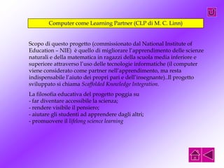Computer come Learning Partner (CLP di M. C. Linn)
Scopo di questo progetto (commissionato dal National Institute of
Education – NIE) è quello di migliorare l’apprendimento delle scienze
naturali e della matematica in ragazzi della scuola media inferiore e
superiore attraverso l’uso delle tecnologie informatiche (il computer
viene considerato come partner nell’apprendimento, ma resta
indispensabile l’aiuto dei propri pari e dell’insegnante)..Il progetto
sviluppato si chiama Scaffolded Knowledge Integration.
La filosofia educativa del progetto poggia su
- far diventare accessibile la scienza;
- rendere visibile il pensiero;
- aiutare gli studenti ad apprendere dagli altri;
- promuovere il lifelong science learning
 
