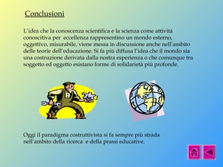 Conclusioni 
L’idea che la conoscenza scientifica e la scienza come attività 
conoscitiva per eccellenza rappresentino un mondo esterno, 
oggettivo, misurabile, viene messa in discussione anche nell’ambito 
delle teorie dell’educazione. Si fa più diffusa l’idea che il mondo sia 
una costruzione derivata dalla nostra esperienza o che comunque tra 
soggetto ed oggetto esistano forme di solidarietà più profonde. 
Oggi il paradigma costruttivista si fa sempre più strada 
nell’ambito della ricerca e della prassi educative. 
 