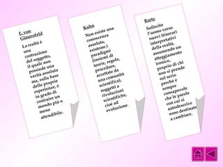 E. von 
Glasersfeld 
La realtà è 
una 
costruzione 
del soggetto, 
il quale non 
possiede una 
verità assoluta 
ma, sulla base 
delle proprie 
esperienze, è 
in grado di 
costruire un 
mondo più o 
meno 
attendibile. 
Kuhn 
Non esiste una 
conoscenza 
assoluta, 
esistono i 
paradigmi 
(insiemi di 
teorie, regole, 
procedure, 
accettate da 
una comunità 
scientifica), 
soggetti a 
rivoluzioni 
scientifiche, 
cioè ad 
evoluzione. 
Rorty 
Sollecita 
l’uomo verso 
nuovi itinerari 
interpretativi 
della realtà, 
assumendo un 
atteggiamento 
ironico, 
proprio di chi 
non si prende 
sul serio 
perché è 
sempre 
consapevole 
che le parole 
con cui si 
autodescrive 
sono destinate 
a cambiare. 
 