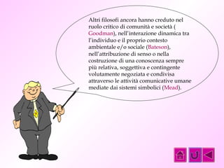 Altri filosofi ancora hanno creduto nel 
ruolo critico di comunità e società ( 
Goodman), nell’interazione dinamica tra 
l’individuo e il proprio contesto 
ambientale e/o sociale (Bateson), 
nell’attribuzione di senso o nella 
costruzione di una conoscenza sempre 
più relativa, soggettiva e contingente 
volutamente negoziata e condivisa 
attraverso le attività comunicative umane 
mediate dai sistemi simbolici (Mead). 
 