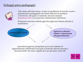Sviluppi psico-pedagogici 
Nel campo dell’educazione c’è stato un proliferare di ricerche, teorie e 
proposte psico-pedagogiche che hanno fatto loro il paradigma 
costruttivista, alle quali, ovviamente, non sono mancati 
precedenti storici cui si può fare costantemente riferimento. 
Il fenomeno diventa evidente agli inizi degli anni Ottanta allorché si 
manifestano: 
costruttivismo sociale 
approccio culturale-situato 
o situazionista 
all’apprendimento 
I precedenti approcci prospettano per lo più ambienti di 
apprendimento collaborativo nei quali si praticano attività ancorate a 
situazioni della vita reale e significative per gli attori cooinvolti. 
 