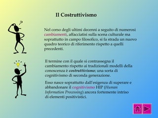 Il Costruttivismo 
Nel corso degli ultimi decenni a seguito di numerosi 
cambiamenti, affacciatisi sulla scena culturale ma 
soprattutto in campo filosofico, si fa strada un nuovo 
quadro teorico di riferimento rispetto a quelli 
precedenti. 
Il termine con il quale si contrassegna il 
cambiamento rispetto ai tradizionali modelli della 
conoscenza è costruttivismo; una sorta di 
cognitivismo di seconda generazione. 
Esso nasce soprattutto dall’esigenza di superare e 
abbandonare il cognitivismo HIP (Human 
Information Processing) ancora fortemente intriso 
di elementi positivistici. 
 