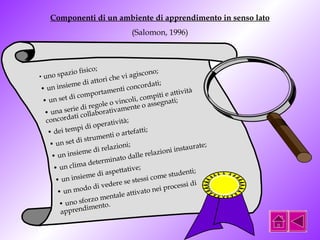 Componenti di un ambiente di apprendimento in senso lato 
(Salomon, 1996) 
• uno spazio fisico; 
• un insieme di attori che vi agiscono; 
• un set di comportamenti concordati; 
• una serie di regole o vincoli, compiti e attività 
concordati collaborativamente o assegnati; 
• dei tempi di operatività; 
• un set di strumenti o artefatti; 
• un insieme di relazioni; 
• un clima determinato dalle relazioni instaurate; 
• un insieme di aspettative; 
• un modo di vedere se stessi come studenti; 
• uno sforzo mentale attivato nei processi di 
apprendimento. 
 