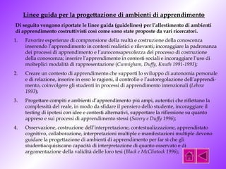 Linee guida per la progettazione di ambienti di apprendimento 
Di seguito vengono riportate le linee guida (guidelines) per l’allestimento di ambienti 
di apprendimento costruttivisti così come sono state proposte da vari ricercatori. 
1. Favorire esperienze di comprensione della realtà e costruzione della conoscenza 
inserendo l’apprendimento in contesti realistici e rilevanti; incoraggiare la padronanza 
dei processi di apprendimento e l’autoconsapevolezza del processo di costruzione 
della conoscenza; inserire l’apprendimento in contesti sociali e incoraggiare l’uso di 
molteplici modalità di rappresentazione (Cunnigham, Duffy, Knuth 1991-1993); 
2. Creare un contesto di apprendimento che supporti lo sviluppo di autonomia personale 
e di relazione, inserire in esso le ragioni, il controllo e l’autoregolazione dell’apprendi-mento, 
coinvolgere gli studenti in processi di apprendimento intenzionali (Lebow 
1993); 
3. Progettare compiti e ambienti d’apprendimento più ampi, autentici che riflettano la 
complessità del reale, in modo da sfidare il pensiero dello studente, incoraggiare il 
testing di ipotesi con idee e contesti alternativi, supportare la riflessione su quanto 
appreso e sui processi di apprendimento stessi (Savery e Duffy 1996); 
4. Osservazione, costruzione dell’interpretazione, contestualizzazione, apprendistato 
cognitivo, collaborazione, interpretazioni multiple e manifestazioni multiple devono 
guidare la progettazione di ambienti di apprendimento per far sì che gli 
studentiacquisiscano capacità di interpretazione di quanto osservato e di 
argomentazione della validità delle loro tesi (Black e McClintock 1996); 
 