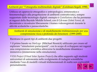 Ambienti per “l’etnografia multimediale digitale” (Goldman-Segall, 1998) 
Utilizza un approccio etnografico e antropologico, ermeneutico e 
fenomenologico alla progettazione di ambienti costruttivistici, sempre 
supportato dalle tecnologie digitali: esempio è Costellations che ha permesso 
ai ragazzi della Bayside Middle School, con il Cd-rom Global Forest, di 
decostruire e ricostruire liberamente i frames videoregistrati durante le 
attività scolastiche e parascolastiche. 
Ambienti di simulazione e di modellamento tridimensionale per una 
comprensione ricca e profonda dei fenomeni (1999-2000) 
Rientrano in questi tipi di ambienti due progetti: 
• il primo basato su StarLogo (Mitchael Resnick) utilizzato per creare ed 
esplorare “simulazioni partecipanti”, con lo scopo di sviluppare nei ragazzi 
una comprensione scientifica attraverso la modellazione dinamica e 
immersiva (immersione nella simulazione). 
•VSS Project (Vitual Solar System Project) che offre supporto agli studenti 
universitari di astronomia nello svolgimento di indagini scientifiche 
mediante l’uso di modelli virtuali tridimensionali di realtà non esplorabili 
personalmente. 
 