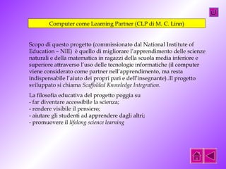 Computer come Learning Partner (CLP di M. C. Linn) 
Scopo di questo progetto (commissionato dal National Institute of 
Education – NIE) è quello di migliorare l’apprendimento delle scienze 
naturali e della matematica in ragazzi della scuola media inferiore e 
superiore attraverso l’uso delle tecnologie informatiche (il computer 
viene considerato come partner nell’apprendimento, ma resta 
indispensabile l’aiuto dei propri pari e dell’insegnante)..Il progetto 
sviluppato si chiama Scaffolded Knowledge Integration. 
La filosofia educativa del progetto poggia su 
- far diventare accessibile la scienza; 
- rendere visibile il pensiero; 
- aiutare gli studenti ad apprendere dagli altri; 
- promuovere il lifelong science learning 
