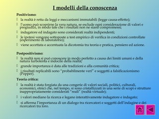I modelli della conoscenza 
Positivismo: 
 la realtà è retta da leggi e meccanismi immutabili (legge causa-effetto); 
 l’uomo può scoprirne la vera natura, se esclude ogni considerazione di valori e 
pregiudizi, in modo tale che i risultati non ne siano compromessi; 
 indagatore ed indagato sono considerati realtà indipendenti; 
 le ipotesi vengono sottoposte a test empirico di verifica in condizioni controllate 
(esperimento di laboratorio); 
 viene accettata e accentuata la dicotomia tra teoria e pratica, pensiero ed azione. 
Postpositivismo: 
 la realtà non si può conoscere in modo perfetto a causa dei limiti umani e della 
natura turbolenta e indocile della realtà; 
 grande importanza è data alle tradizioni e alla comunità critica; 
 i risultati replicabili sono “probabilmente veri” e soggetti a falsificazionismo 
(Popper). 
Teoria critica: 
 la realtà è stata forgiata da una congerie di valori sociali, politici, culturali, 
economici, etnici che, nel tempo, si sono cristallizzati in una serie di scopi e strutture 
inappropriatamente considerati “reali” (realtà virtuale); 
 i valori mediano la ricerca e legano interattivamente indagatore e indagato; 
 si afferma l’importanza di un dialogo tra ricercatori e soggetti dell’indagine e dei 
ricercatori tra loro. 
 